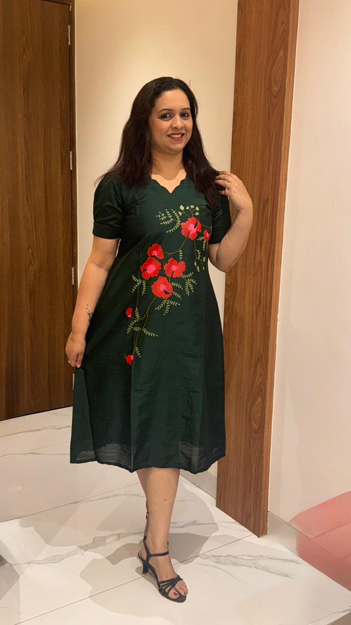 Bottle Green Hand Painted Dress