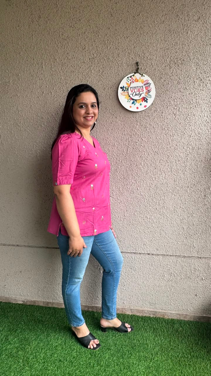 Embroidered Slub Cotton - Pink