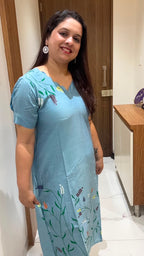 Sky Blue Hand Painted Silk Dress