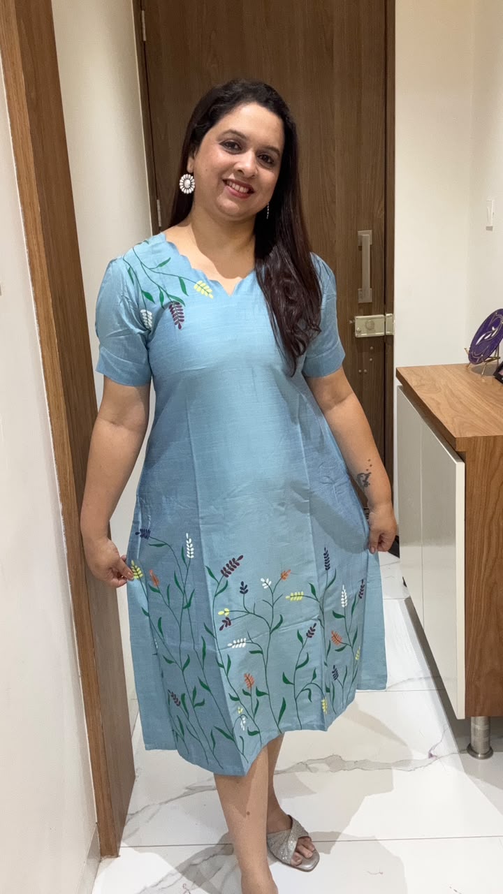Sky Blue Hand Painted Silk Dress
