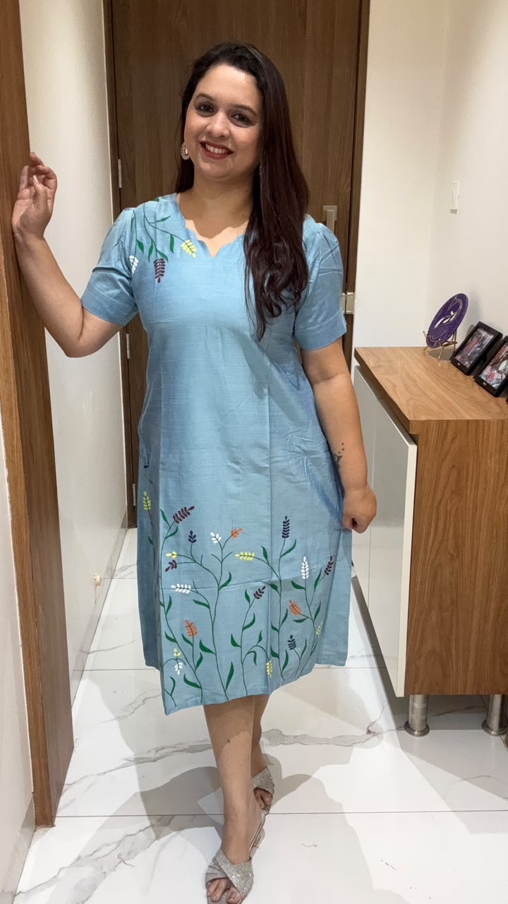 Sky Blue Hand Painted Silk Dress