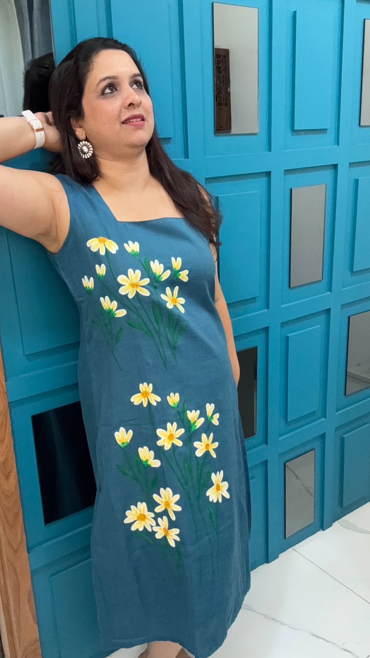 Green Hand Painted Cotton Dress
