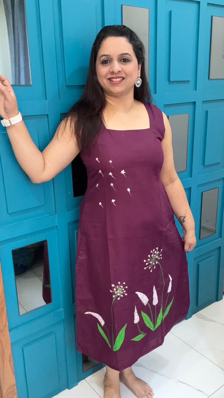 Wine Hand Painted Cotton Dress