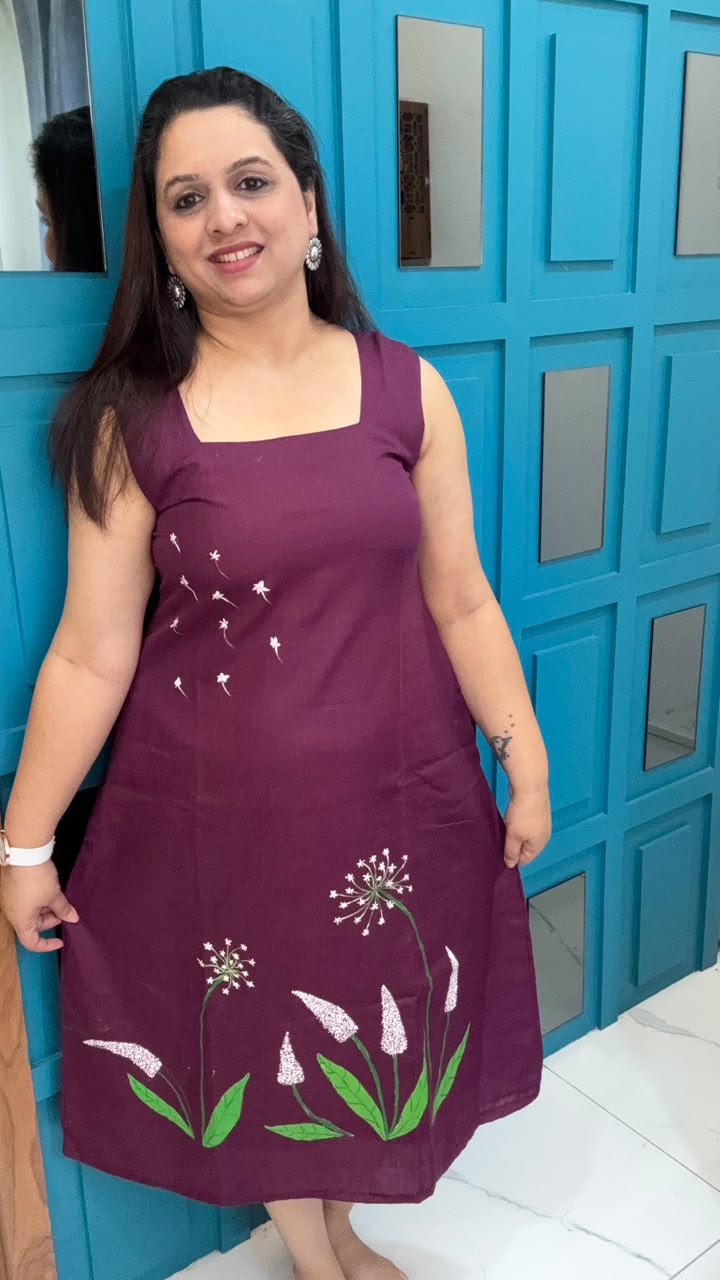 Wine Hand Painted Cotton Dress