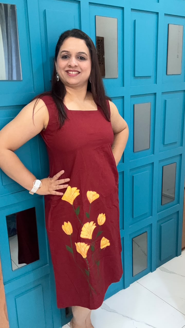 Maroon Hand Painted Cotton Dress