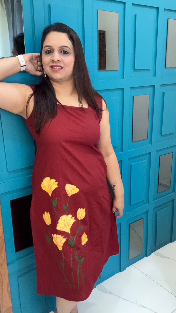 Maroon Hand Painted Cotton Dress