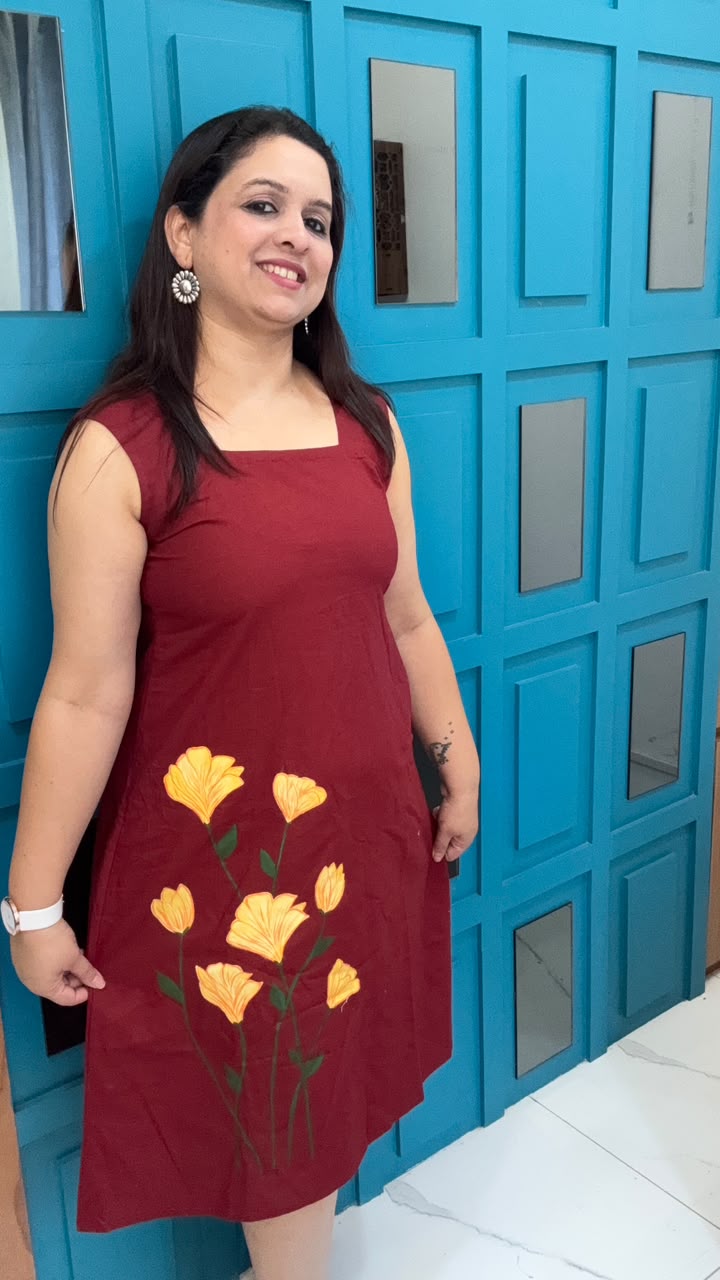Maroon Hand Painted Cotton Dress