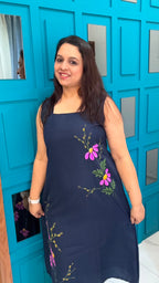 Navy Blue Handpainted Cotton Dress