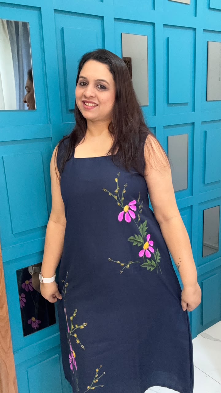 Navy Blue Handpainted Cotton Dress