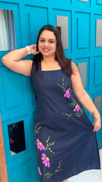 Navy Blue Handpainted Cotton Dress