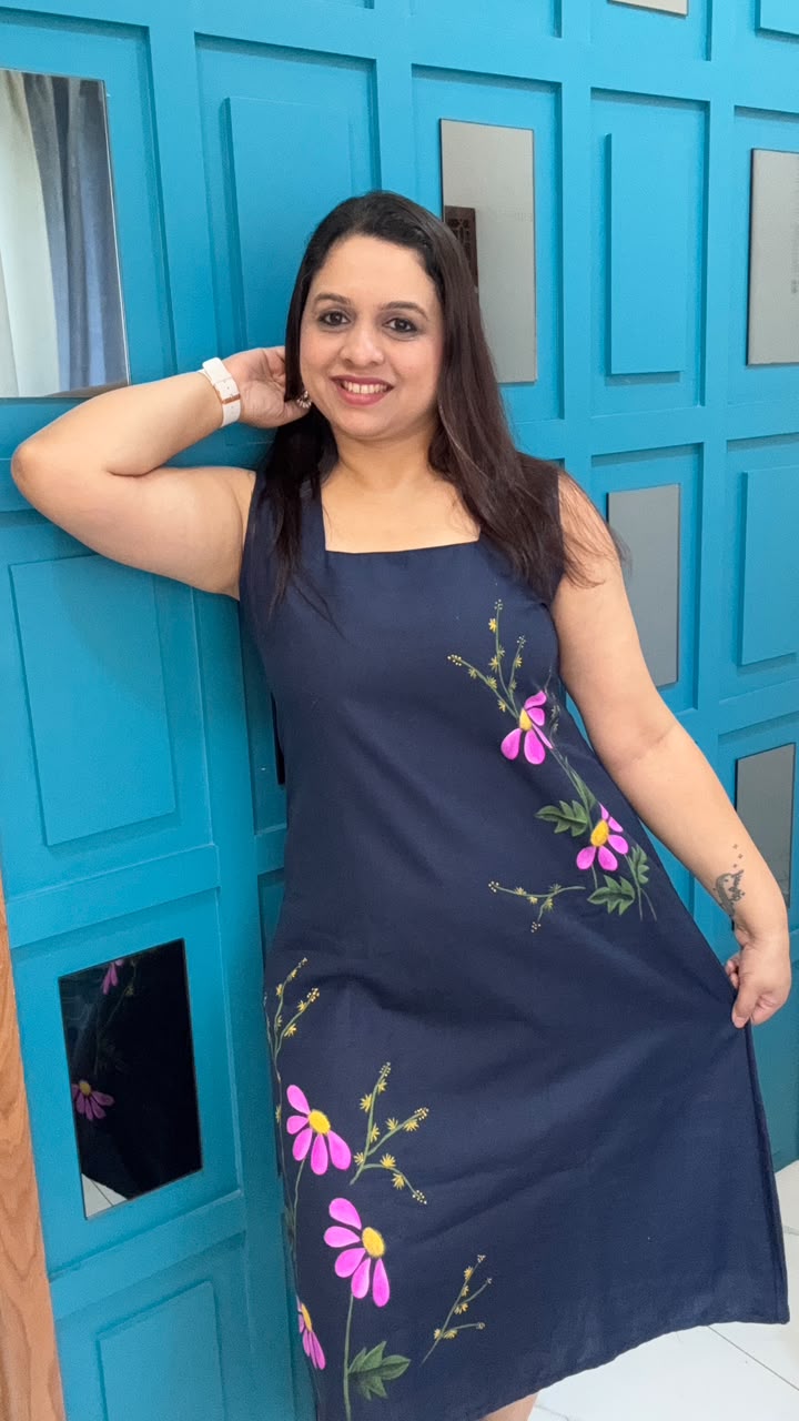 Navy Blue Handpainted Cotton Dress