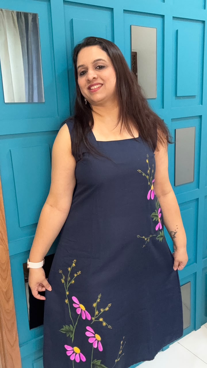 Navy Blue Handpainted Cotton Dress