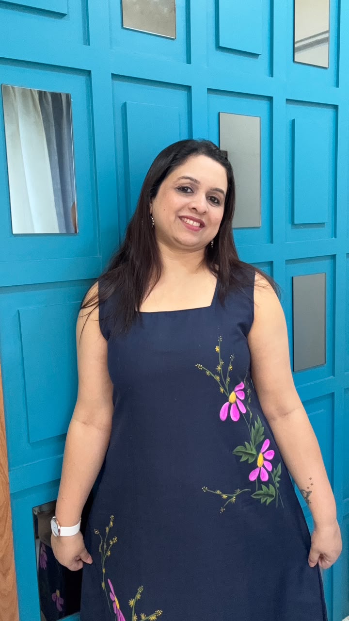 Navy Blue Handpainted Cotton Dress