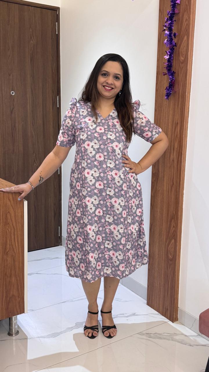 Grey Floral Hakoba Dress