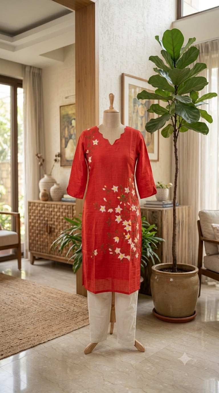 Red Hand Painted Kurti
