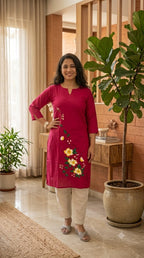 Red Hand Painted Kurti - Yellow Flowers
