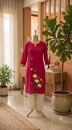Red Hand Painted Kurti - Yellow Flowers