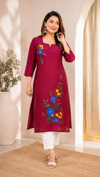 Maroon Hand Painted Kurti with Blue Flowers