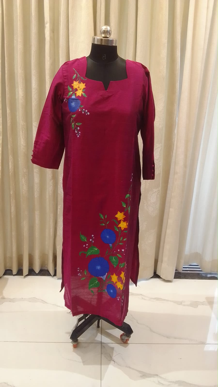 Maroon Hand Painted Kurti with Blue Flowers