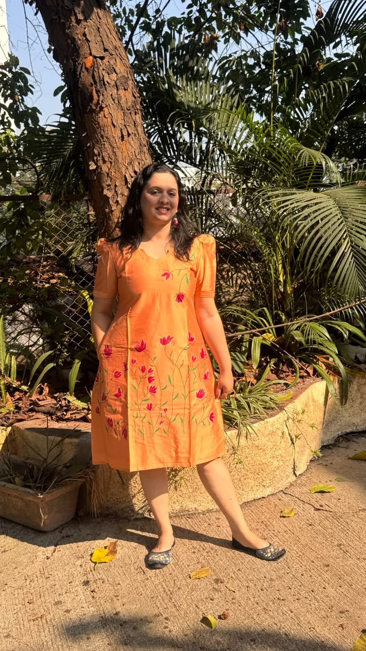 Orange Hand Painted Dress Red Flowers