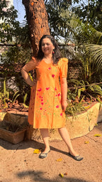 Orange Hand Painted Dress Red Flowers