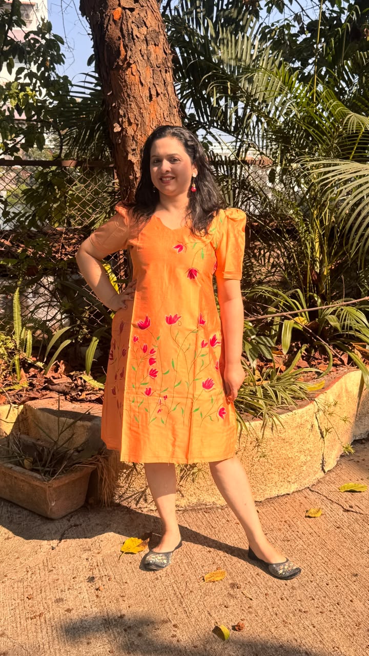 Orange Hand Painted Dress Red Flowers