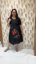 Black Hand Painted Dress Red Flowers