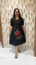 Black Hand Painted Dress Red Flowers