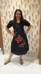 Black Hand Painted Dress Red Flowers