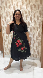 Black Hand Painted Dress Red Flowers
