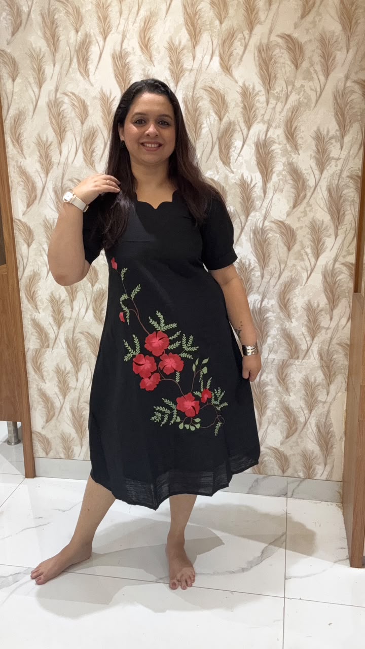 Black Hand Painted Dress Red Flowers