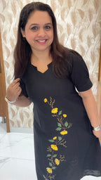 Black Hand Painted Dress Yellow Flowers