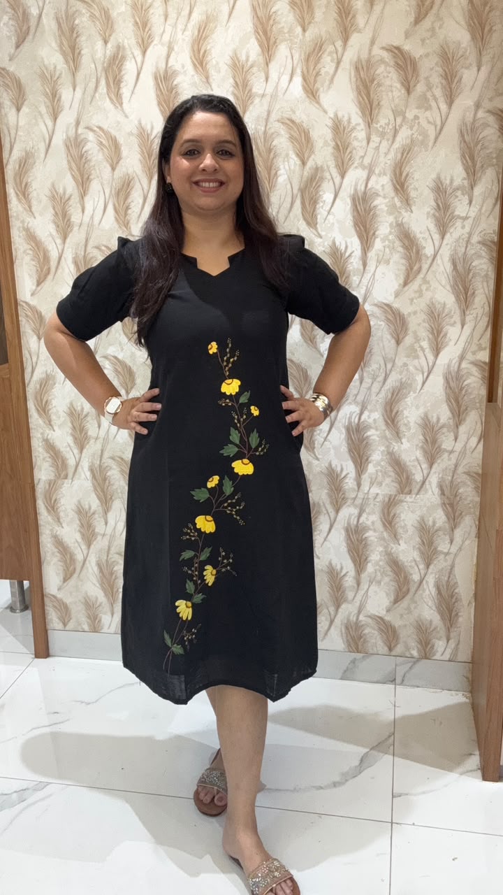 Black Hand Painted Dress Yellow Flowers