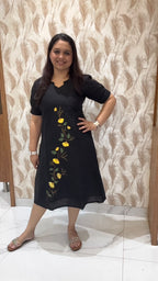Black Hand Painted Dress Yellow Flowers