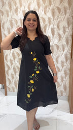 Black Hand Painted Dress Yellow Flowers