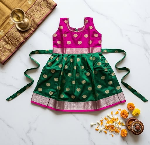 Pink & Green Silk Ethnic Frock
