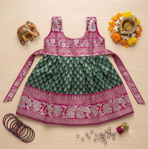 Green & Magenta Silk Ethnic Frock