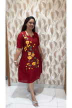 Maroon Hand Painted Dress Yellow Flowers