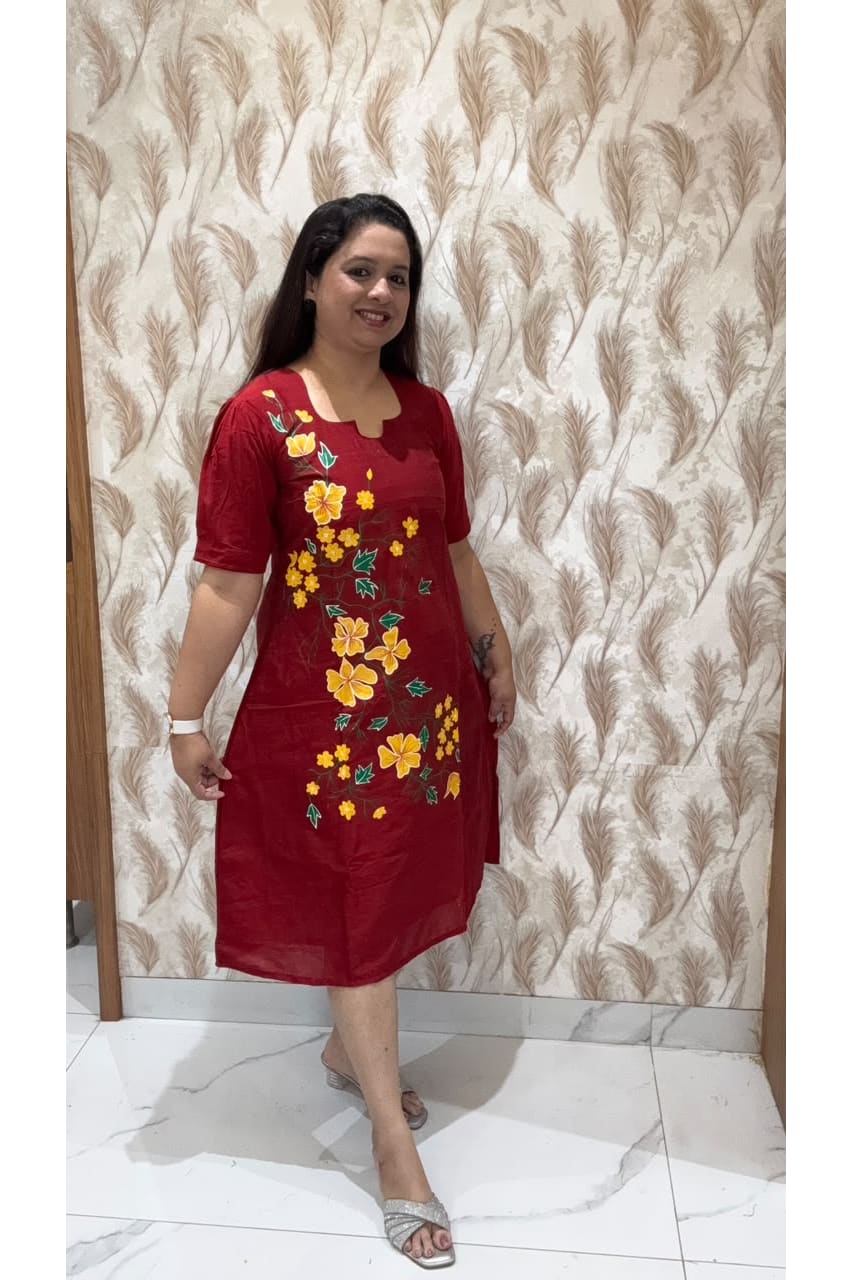 Maroon Hand Painted Dress Yellow Flowers