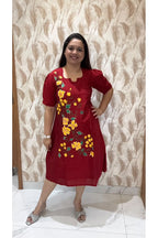 Maroon Hand Painted Dress Yellow Flowers