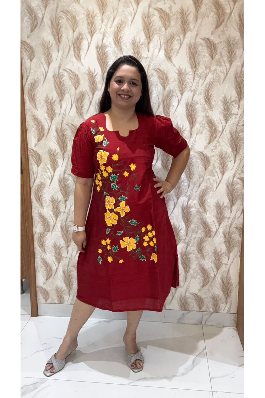 Maroon Hand Painted Dress Yellow Flowers