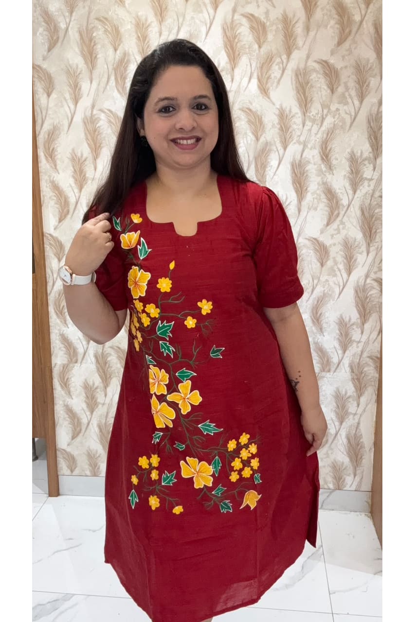 Maroon Hand Painted Dress Yellow Flowers