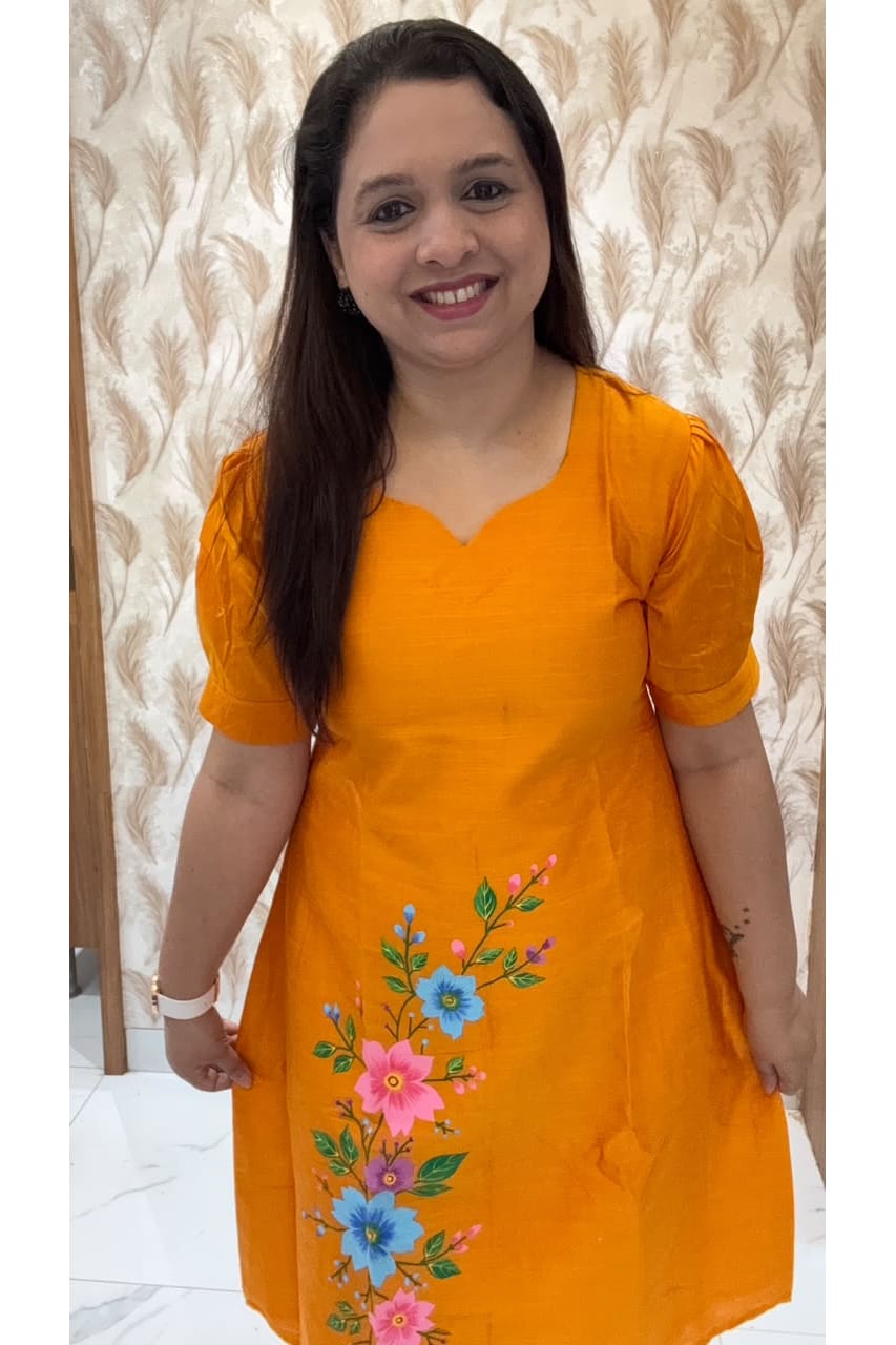 Orange Hand Painted Dress with Flowers