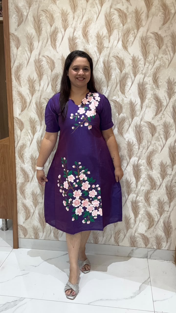 Purple  Hand Painted Dress with white Flowers