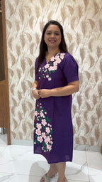 Purple  Hand Painted Dress with white Flowers