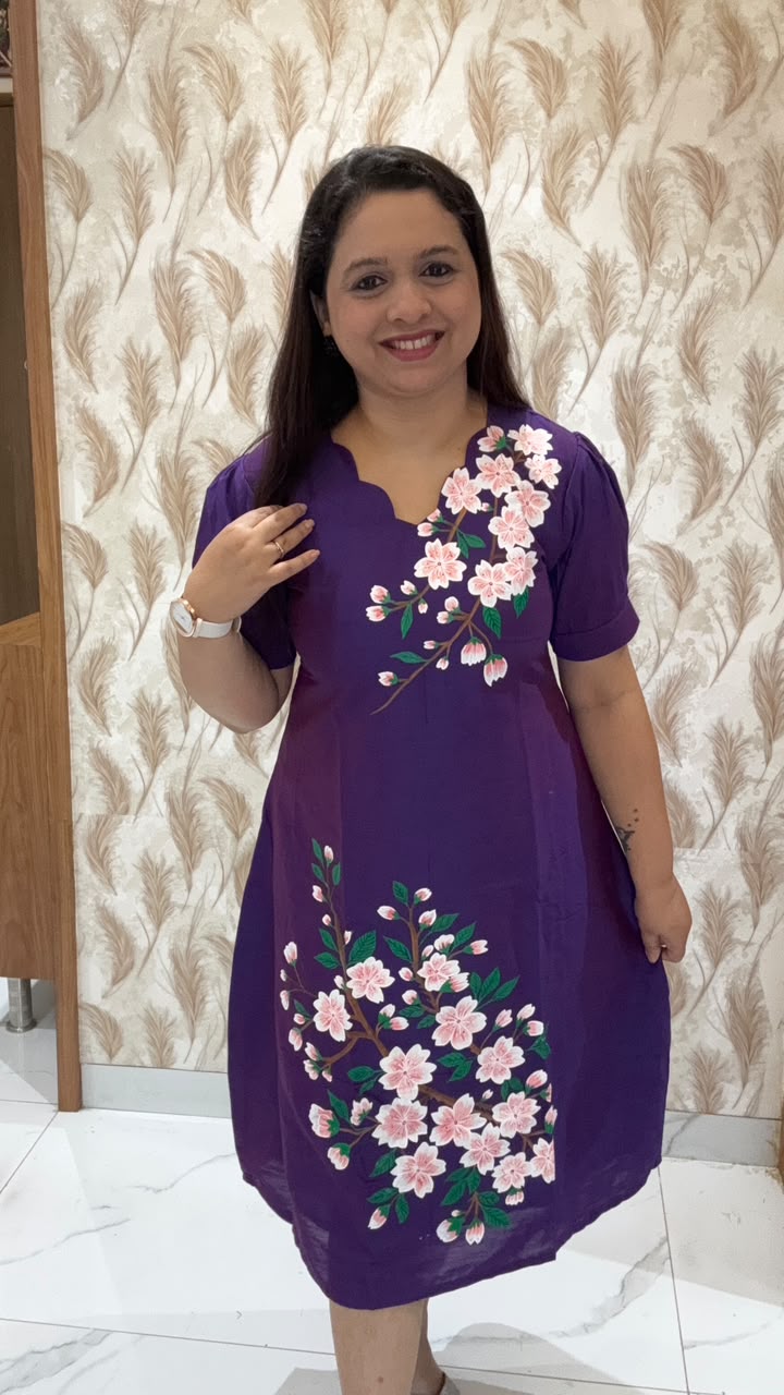 Purple  Hand Painted Dress with white Flowers