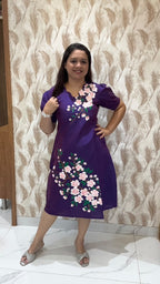 Purple  Hand Painted Dress with white Flowers