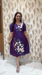 Purple  Hand Painted Dress with white Flowers