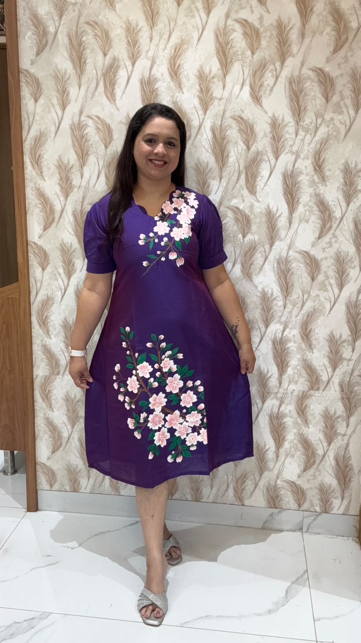 Purple  Hand Painted Dress with white Flowers