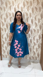 Blue Hand Painted Dress with pink white flowers